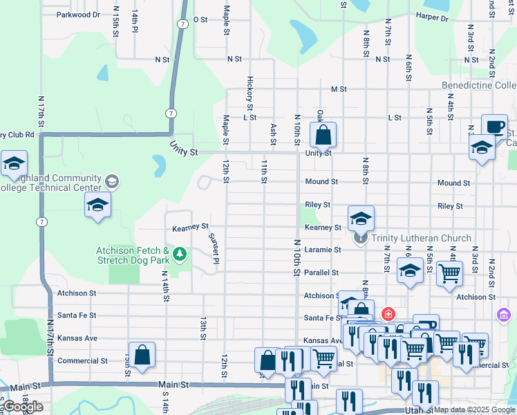 map of restaurants, bars, coffee shops, grocery stores, and more near 1101-1199 Riley St in Atchison