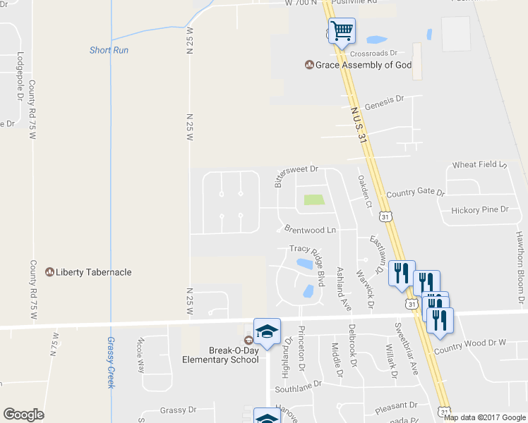 map of restaurants, bars, coffee shops, grocery stores, and more near 137 Hilltop Farms Boulevard in Whiteland