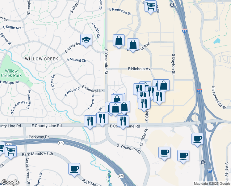 map of restaurants, bars, coffee shops, grocery stores, and more near 8984 East Nichols Place in Centennial