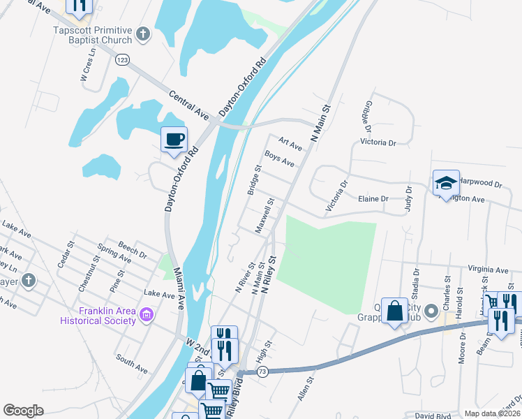map of restaurants, bars, coffee shops, grocery stores, and more near 104 West Bryant Avenue in Franklin