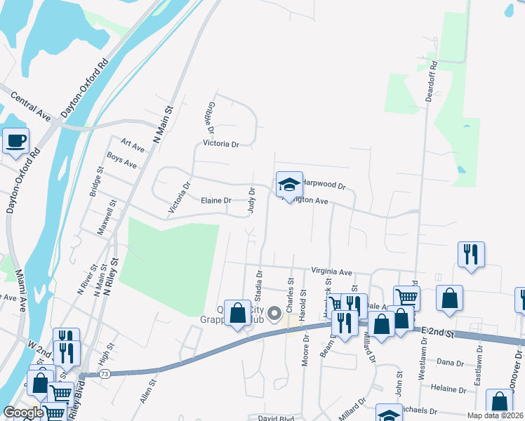 map of restaurants, bars, coffee shops, grocery stores, and more near 500 Judy Drive in Franklin
