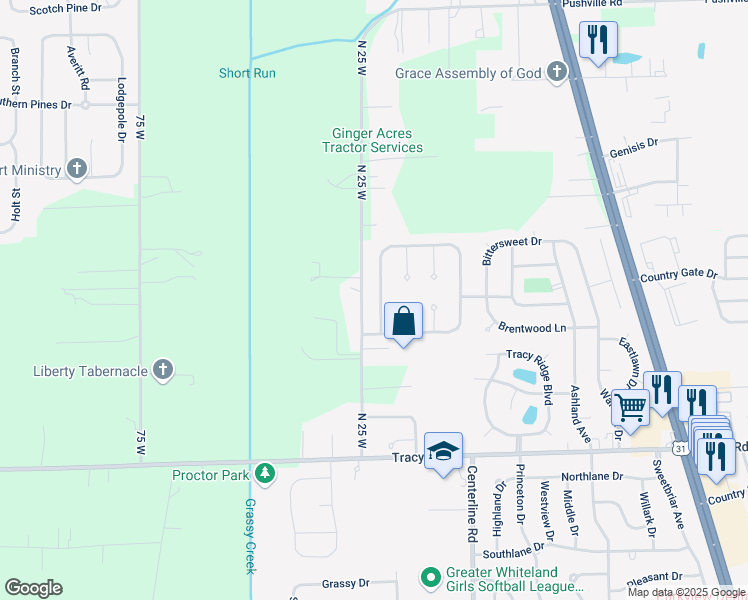 map of restaurants, bars, coffee shops, grocery stores, and more near 59 Hilltop Farms Boulevard in Whiteland