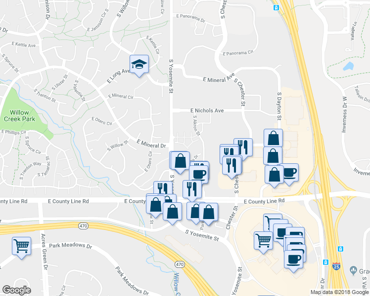 map of restaurants, bars, coffee shops, grocery stores, and more near 8911 East Otero Place in Centennial