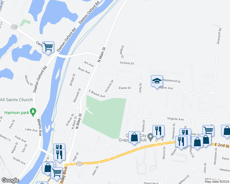 map of restaurants, bars, coffee shops, grocery stores, and more near 147 East Bryant Avenue in Franklin