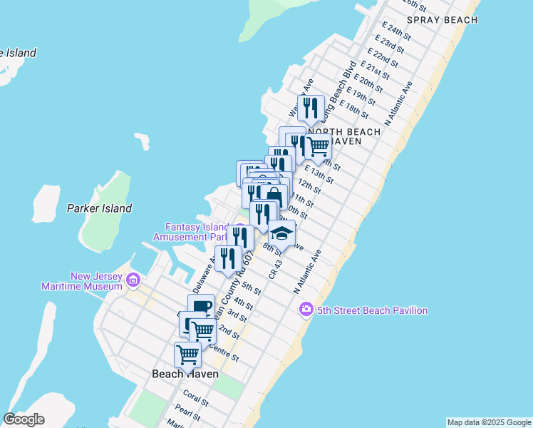 map of restaurants, bars, coffee shops, grocery stores, and more near 320 9th Street in Beach Haven