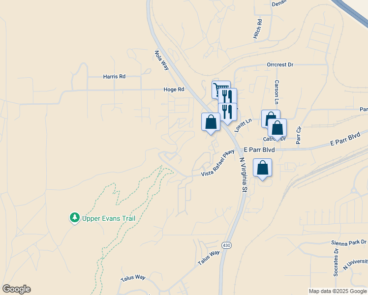 map of restaurants, bars, coffee shops, grocery stores, and more near 4920 Ciarra Kennedy Lane in Reno