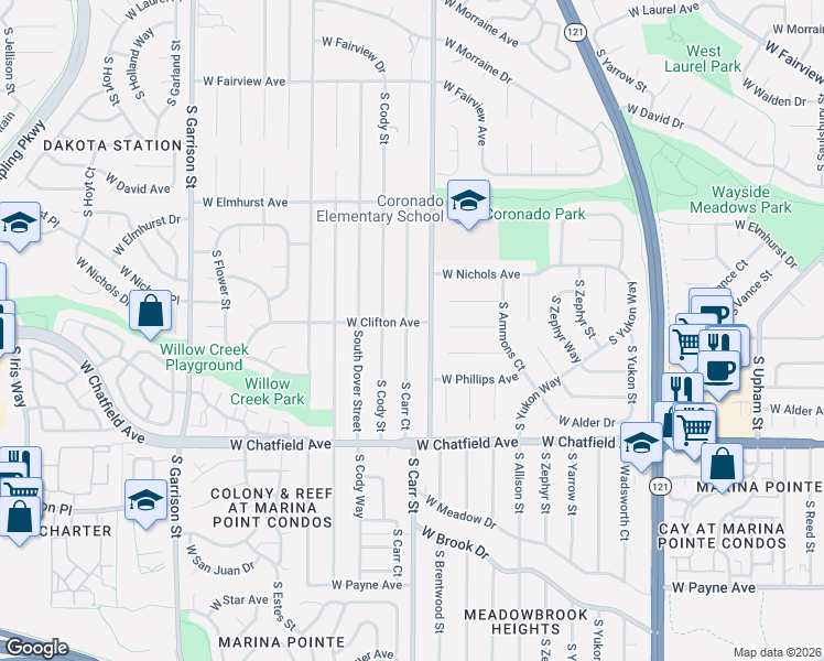 map of restaurants, bars, coffee shops, grocery stores, and more near 8093 South Carr Court in Littleton