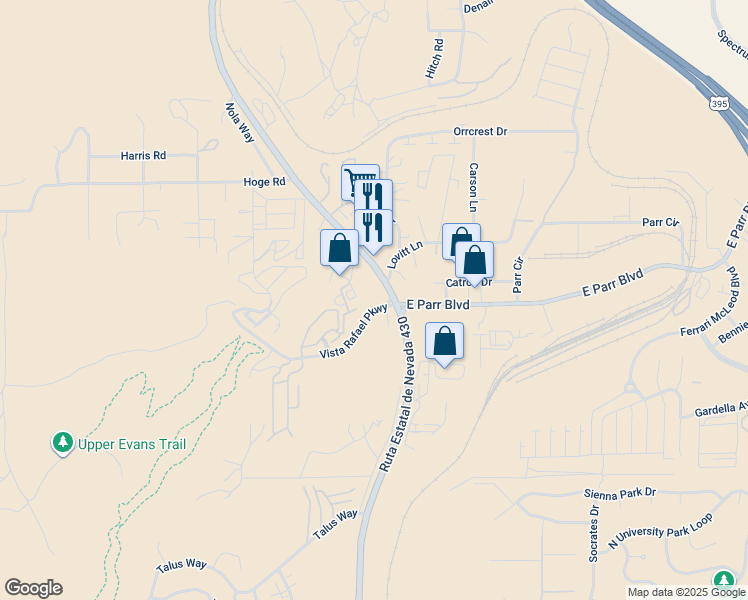 map of restaurants, bars, coffee shops, grocery stores, and more near 4675 North Virginia Street in Reno