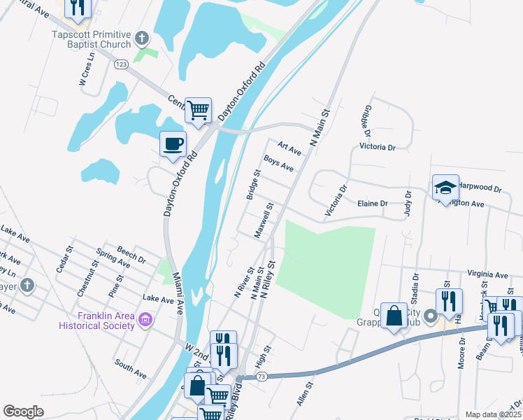 map of restaurants, bars, coffee shops, grocery stores, and more near 104 West Bryant Avenue in Franklin
