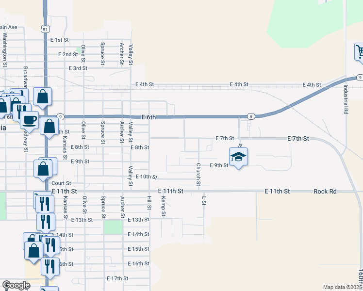 map of restaurants, bars, coffee shops, grocery stores, and more near 918 East 7th Street in Concordia