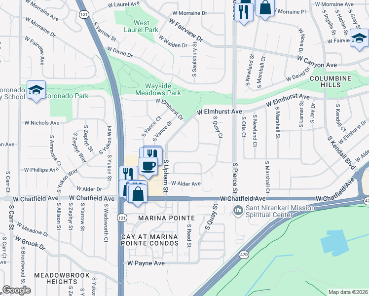 map of restaurants, bars, coffee shops, grocery stores, and more near 8067 South Saulsbury Street in Littleton