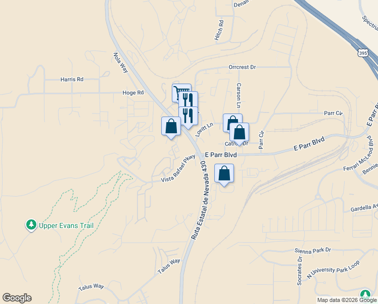 map of restaurants, bars, coffee shops, grocery stores, and more near 4675 North Virginia Street in Reno