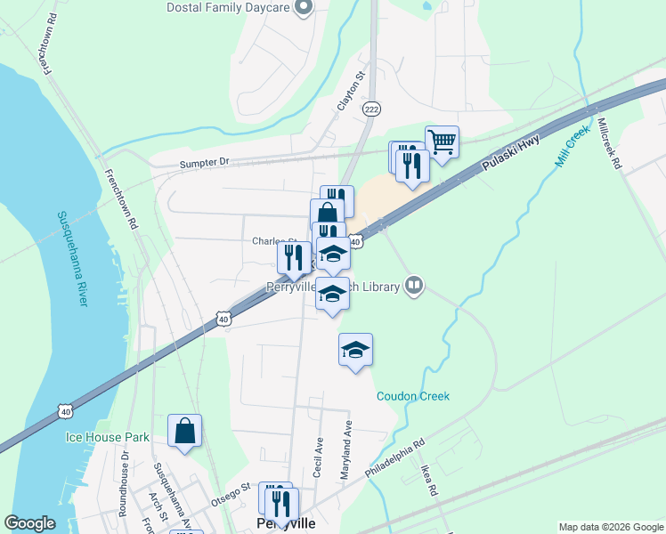 map of restaurants, bars, coffee shops, grocery stores, and more near 5412 U.S. 40 in Perryville