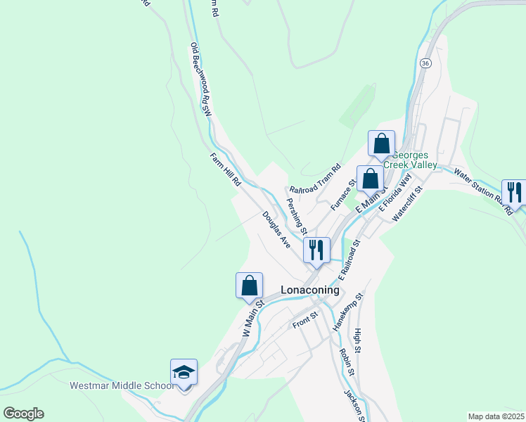 map of restaurants, bars, coffee shops, grocery stores, and more near Douglas Hill Avenue Southwest in Lonaconing