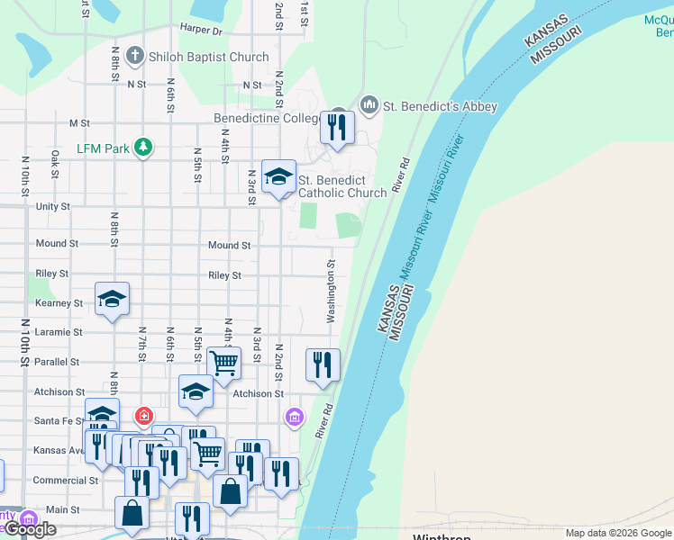 map of restaurants, bars, coffee shops, grocery stores, and more near 201 East Riley Street in Atchison
