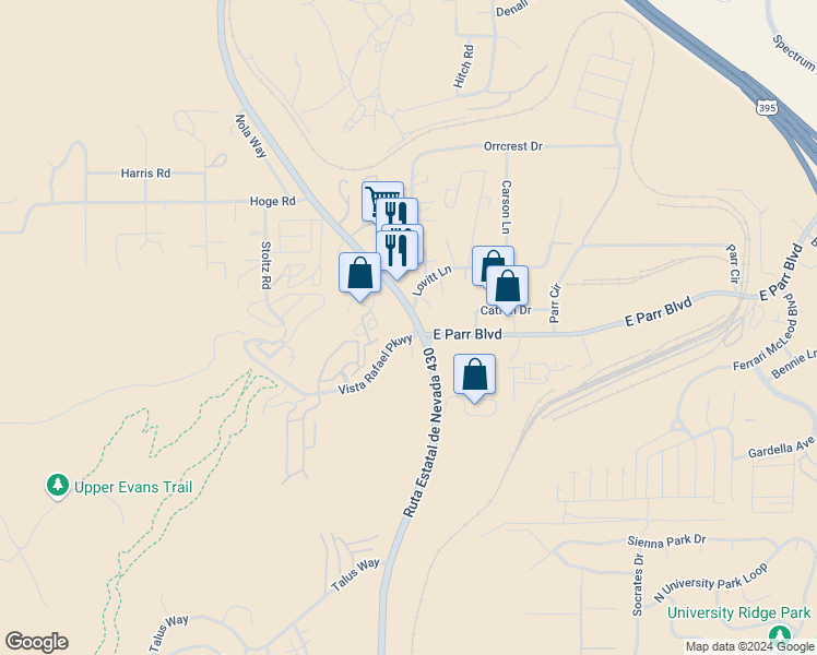 map of restaurants, bars, coffee shops, grocery stores, and more near 87 Vista Rafael Parkway in Reno