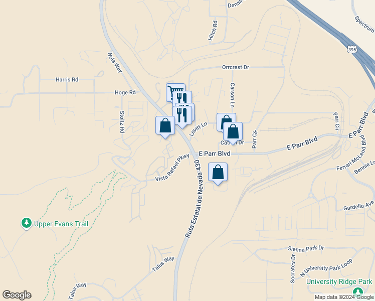 map of restaurants, bars, coffee shops, grocery stores, and more near 121 Vista Rafael Parkway in Reno