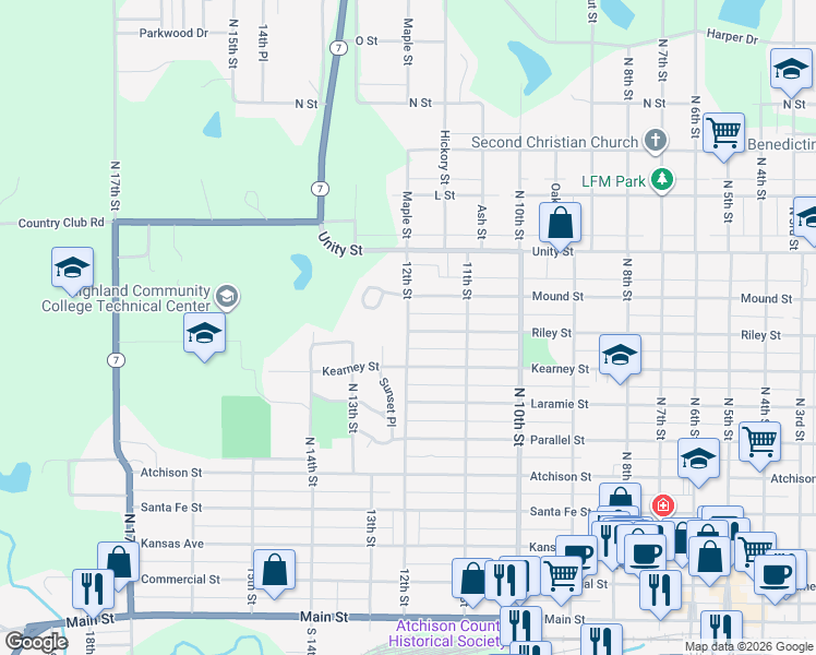 map of restaurants, bars, coffee shops, grocery stores, and more near 800 12th Street in Atchison