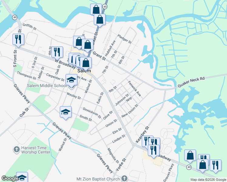 map of restaurants, bars, coffee shops, grocery stores, and more near 258 East Broadway in Salem