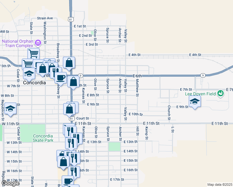 map of restaurants, bars, coffee shops, grocery stores, and more near 525 East 8th Street in Concordia