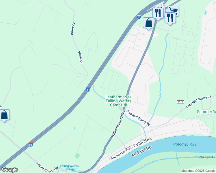 map of restaurants, bars, coffee shops, grocery stores, and more near 23 Cramsford Street in Falling Waters