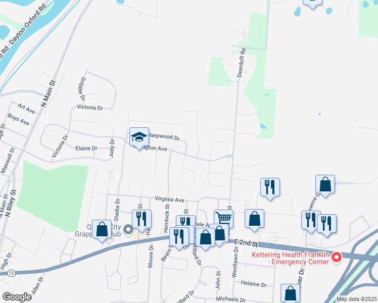 map of restaurants, bars, coffee shops, grocery stores, and more near 491 Harpwood Drive in Franklin