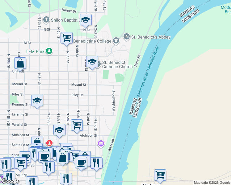 map of restaurants, bars, coffee shops, grocery stores, and more near 201 East Riley Street in Atchison
