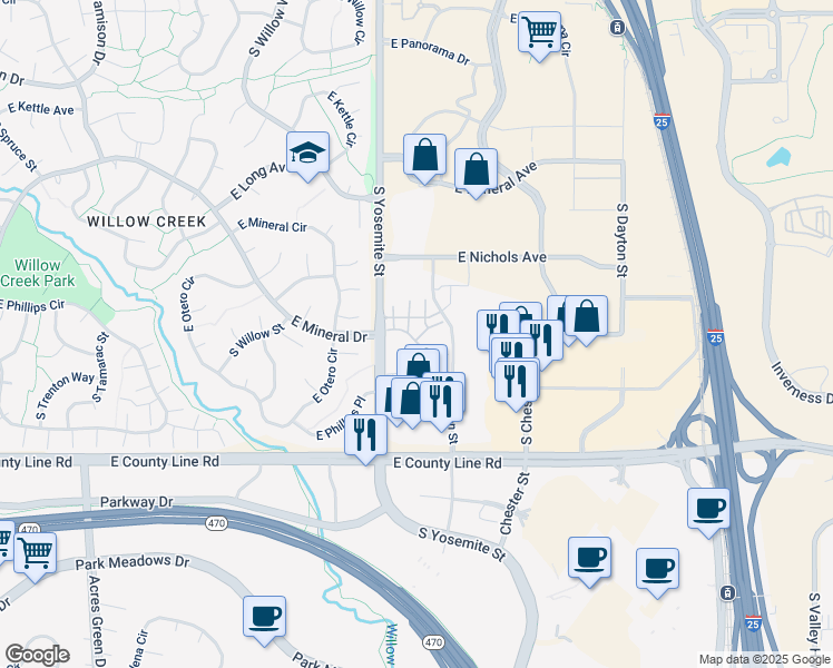 map of restaurants, bars, coffee shops, grocery stores, and more near 8984 East Nichols Place in Centennial
