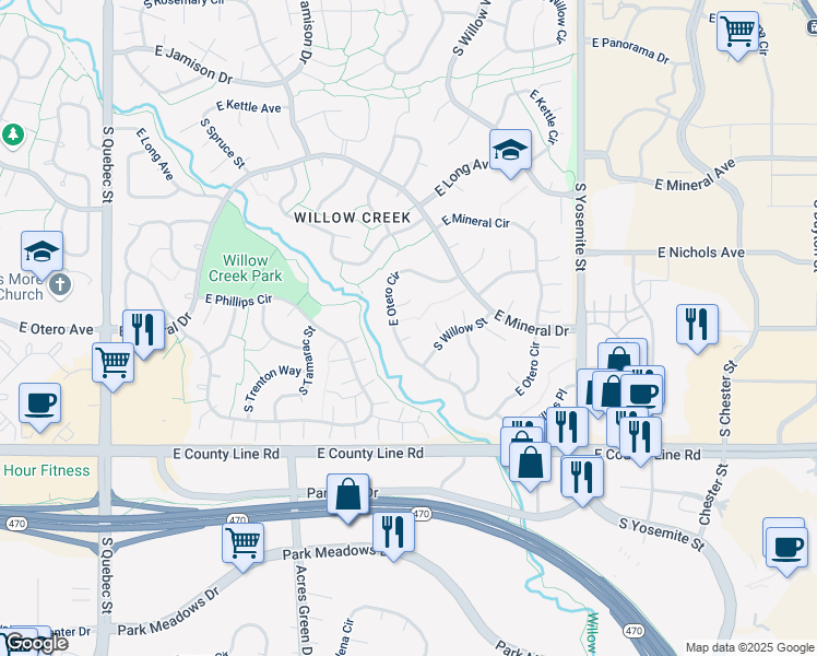 map of restaurants, bars, coffee shops, grocery stores, and more near 8466 East Otero Lane in Centennial