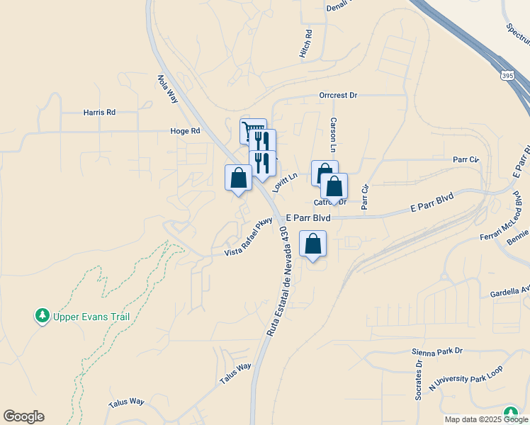 map of restaurants, bars, coffee shops, grocery stores, and more near 4675 North Virginia Street in Reno
