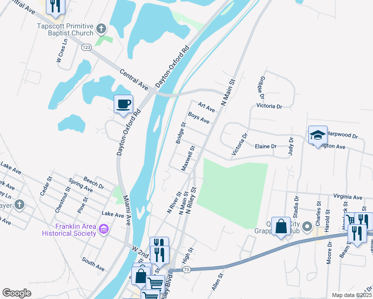 map of restaurants, bars, coffee shops, grocery stores, and more near 104 West Bryant Avenue in Franklin