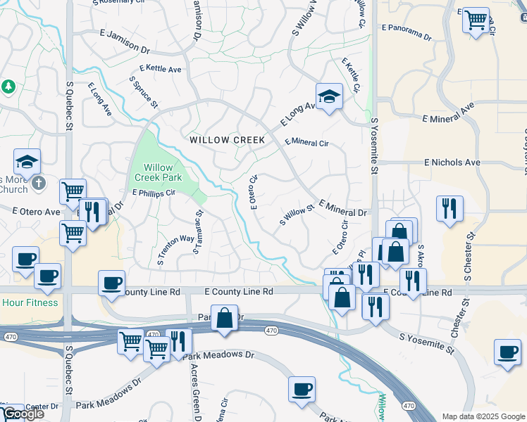 map of restaurants, bars, coffee shops, grocery stores, and more near 8466 East Otero Lane in Centennial