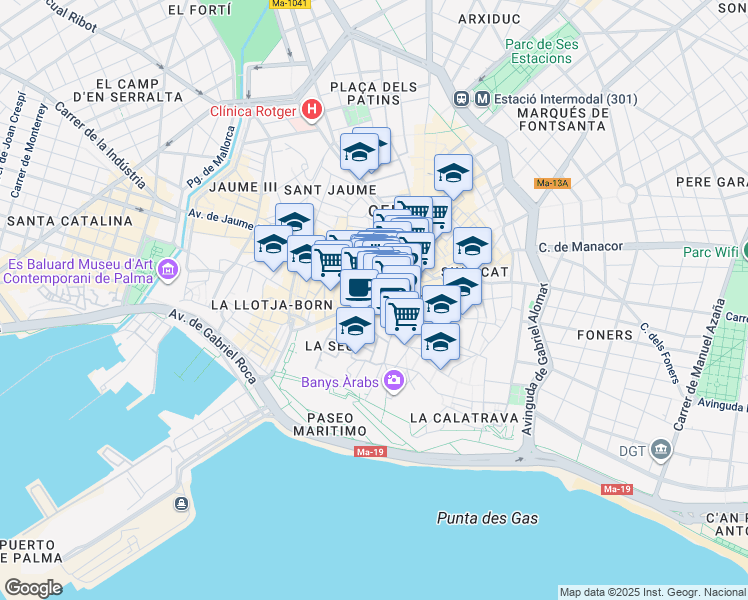 map of restaurants, bars, coffee shops, grocery stores, and more near 11 Plaça de Cort in Palma