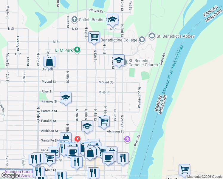 map of restaurants, bars, coffee shops, grocery stores, and more near 811 North 3rd Street in Atchison
