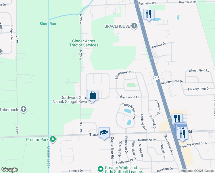 map of restaurants, bars, coffee shops, grocery stores, and more near 134 Hilltop Farms Boulevard in Whiteland