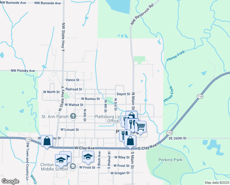 map of restaurants, bars, coffee shops, grocery stores, and more near 202 Depot Street in Plattsburg
