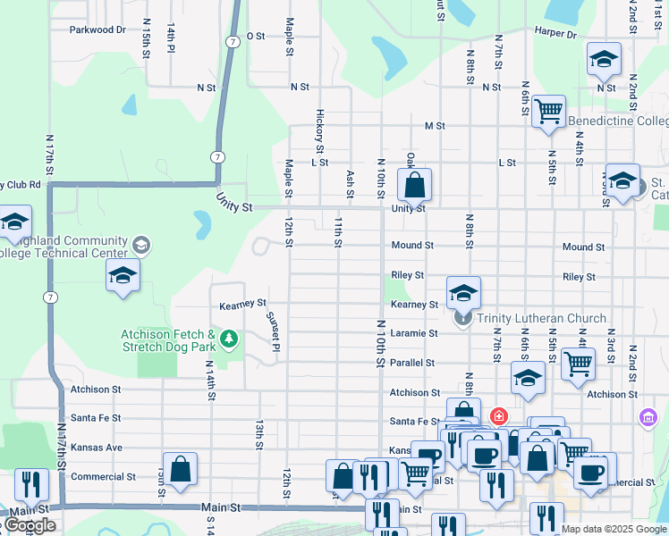map of restaurants, bars, coffee shops, grocery stores, and more near 1101 Riley Street in Atchison