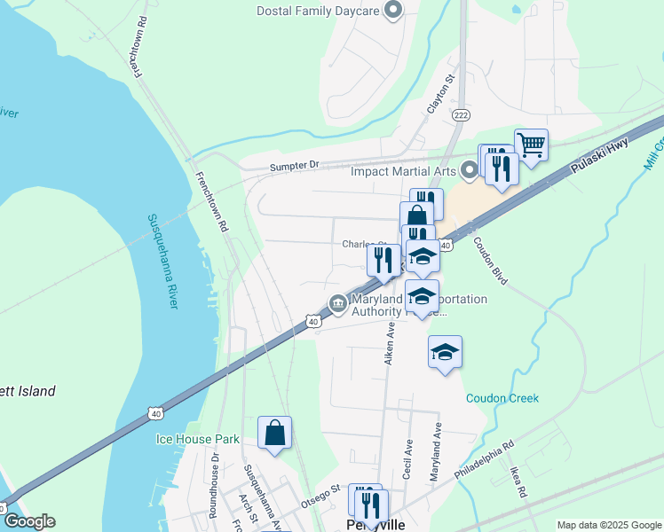 map of restaurants, bars, coffee shops, grocery stores, and more near 100 Carter Court in Perryville