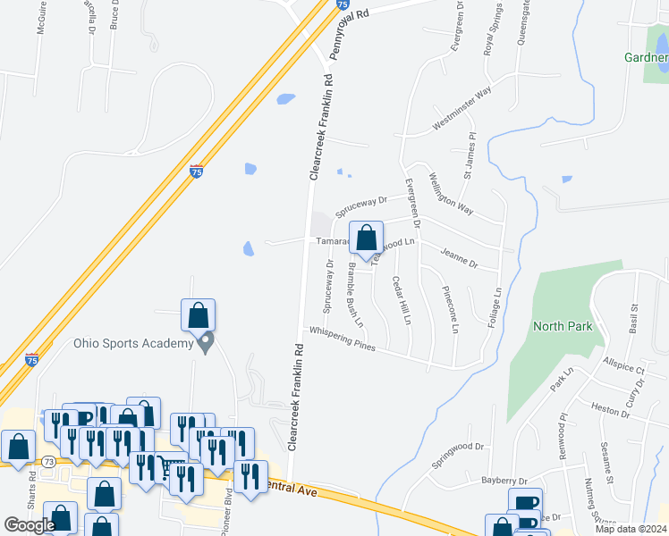 map of restaurants, bars, coffee shops, grocery stores, and more near 120 Timberwood Lane in Springboro