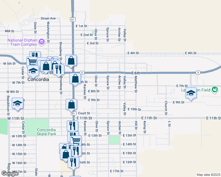 map of restaurants, bars, coffee shops, grocery stores, and more near 525 East 8th Street in Concordia
