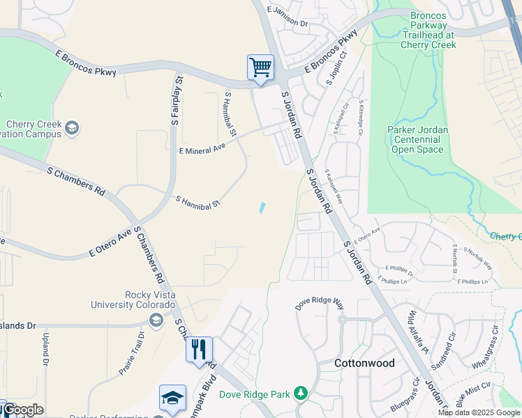 map of restaurants, bars, coffee shops, grocery stores, and more near 8020 South Fairplay Street in Parker