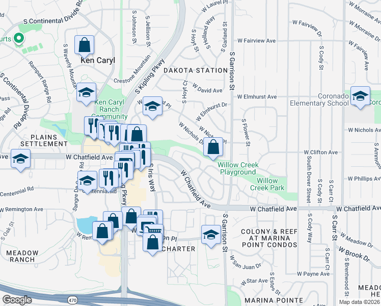 map of restaurants, bars, coffee shops, grocery stores, and more near 9689 West Chatfield Avenue in Littleton