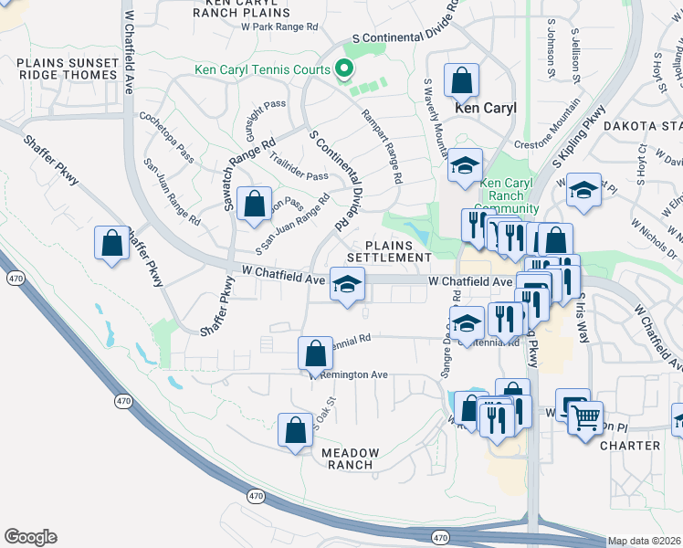 map of restaurants, bars, coffee shops, grocery stores, and more near 8076 South Vermejo Peak in Littleton