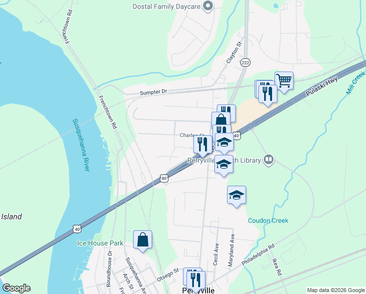 map of restaurants, bars, coffee shops, grocery stores, and more near 699 Carter Court in Perryville