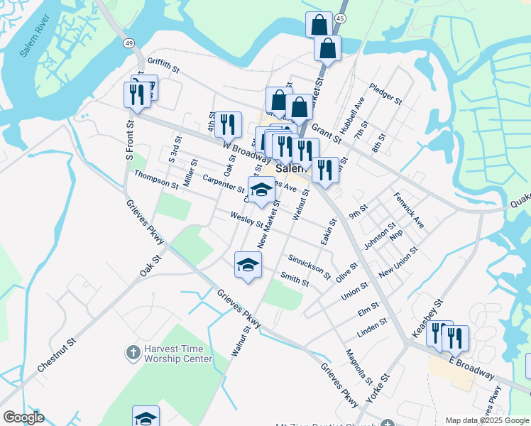 map of restaurants, bars, coffee shops, grocery stores, and more near 51 New Market Street in Salem