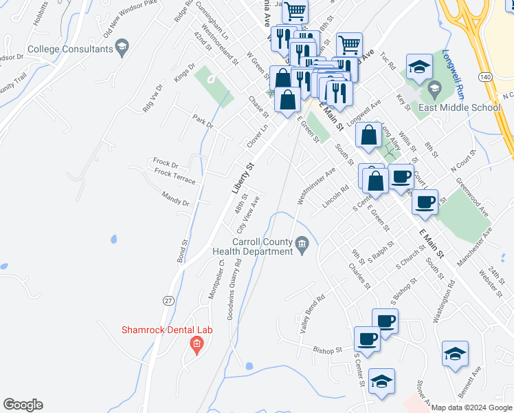 map of restaurants, bars, coffee shops, grocery stores, and more near 121 Hollow Rock Avenue in Westminster