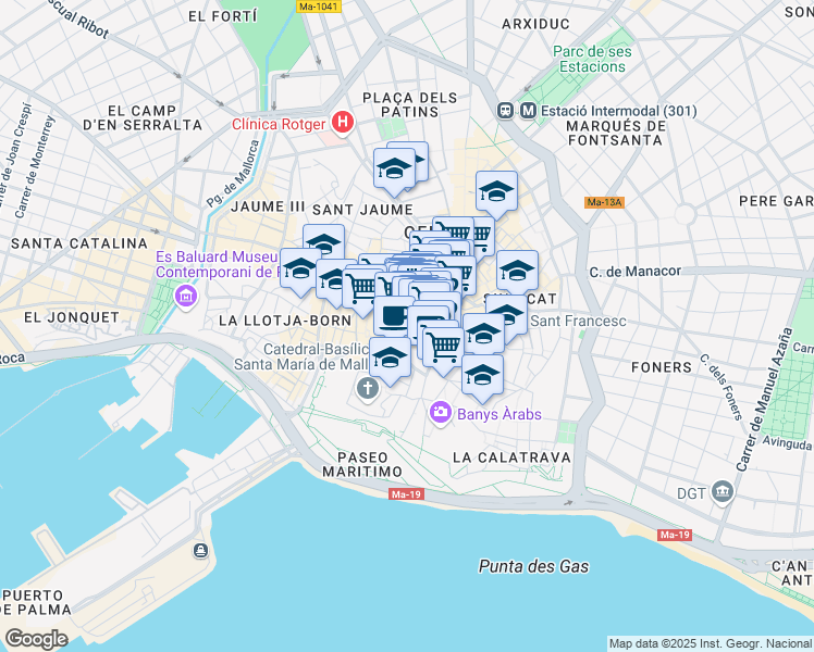 map of restaurants, bars, coffee shops, grocery stores, and more near 11 Plaça de Cort in Palma
