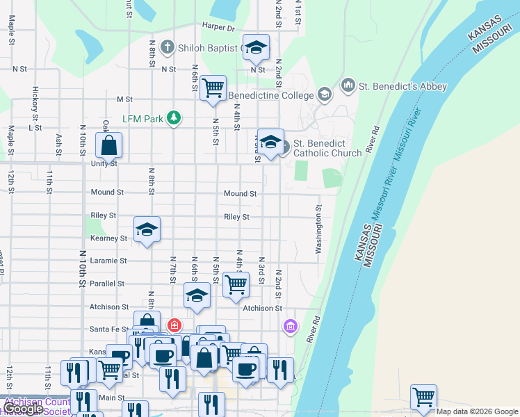 map of restaurants, bars, coffee shops, grocery stores, and more near 811 N 3rd St in Atchison