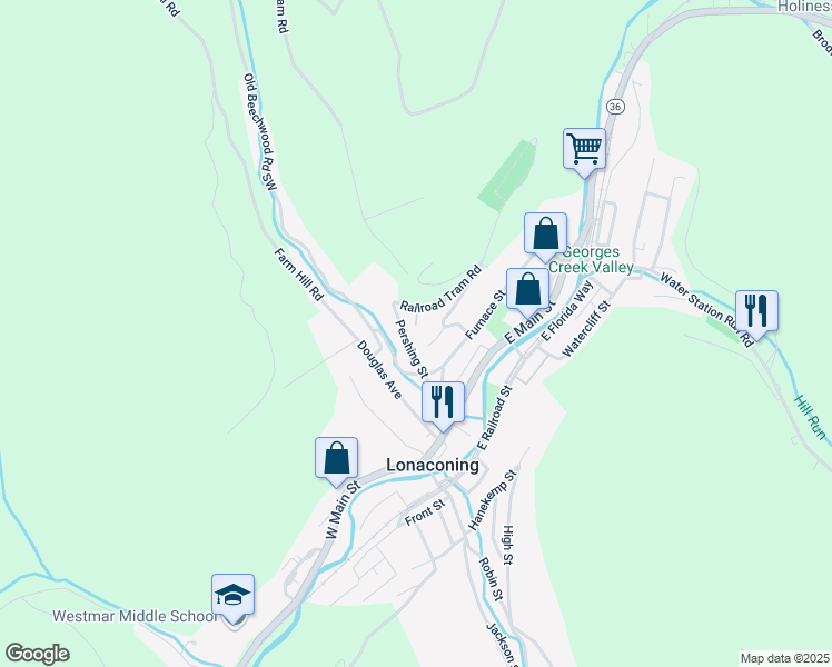 map of restaurants, bars, coffee shops, grocery stores, and more near 12 Pershing St in Lonaconing