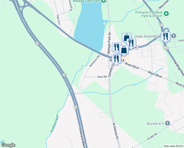 map of restaurants, bars, coffee shops, grocery stores, and more near 82 New Road in Franklin